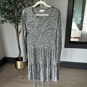 Gray and White Tiered Long Sleeve Sweater Dress
